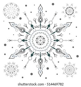 Winter vector sketch with arabesques, doodles and gray snowflakes. Fine greeting card. Colorful snowflakes set on white background.