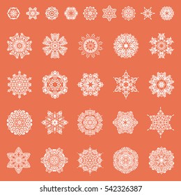 Winter vector sketch with arabesques, doodles and snowflakes. Fine greeting card. Colorful snowflakes set on a orange background.