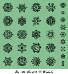 Winter vector sketch with arabesques, doodles and snowflakes. Fine greeting card. Colorful snowflakes set on a neutral background.