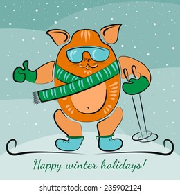 Winter vector skiing cat with snowflakes.