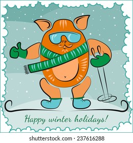 Winter vector skiing cat with snowflakes and snow frame.