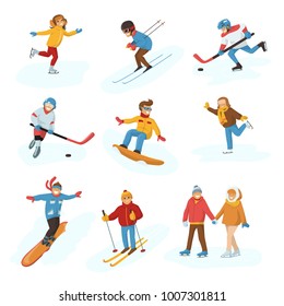 Winter vector sport activity people games cartoon boys and girls fun cold sportsmen wintertime happy illustration isolated vacation people holiday sport activity ski, sky, hockey and snowboard
