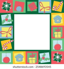 Winter vector square frame of xmas holiday icons. Modern geometric christmas mosaic, isolated. Vector Festive bright minimalist decoration, Background, backdrop for theme of Christmas, new year