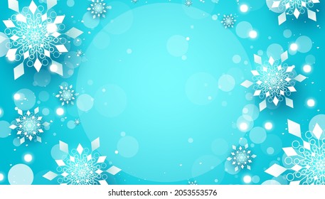 Fondo de la plantilla vectorial de invierno. Diseño de copos de nieve de invierno en el espacio azul con elegante ornamento de copos de nieve de cristal para la decoración de temporada de nieve. Ilustración vectorial.
