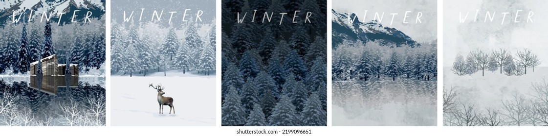 Winter. Vector watercolor illustrations of winter landscape, forest, house, nature, snow, tree, mountain and deer for card, background or poster. Drawings for happy new year and christmas