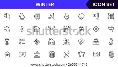 Winter vector web line icon collection, sleek illustrations of snowflakes, scarves, sleds, ice for chilly, seasonal designs.