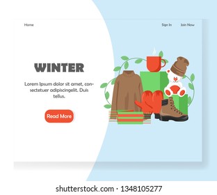 Winter vector website template, web page and landing page design for website and mobile site development. Warm sweater, scarf, hat and mittens, boot, teddy bear, cup of hot tea.