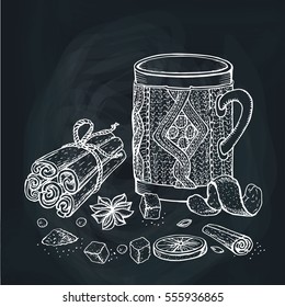 Winter vector.Hand drawn mug.Hot drink,cinnamon spice,oranges.Doodle Outline.Restaurant,cafe menu.Vintage christmas,new year sketch, Illustration.Hot beverage.Mug with knitted decor.Chalkboard