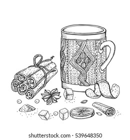 Winter vector.Hand drawn mug of hot drink,cinnamone spice,oranges.Doodle Outline.Rectauranr,cafe menu.Vintage christmas,new year sketch, Illustration. Hot beverage in mug with knitted decoration.