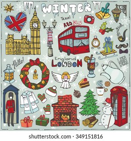 Winter Vector.London landmark, symbols.Hand drawn doodle sketchy.Big Ben,red bus,British sign,christmas symbols,new year elements,snowflakes. England vintage icons , background