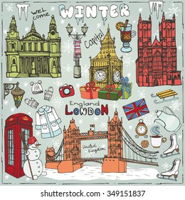 Winter Vector.London landmark, symbols.Hand drawn doodle sketchy.Famous architectural monuments,sign,christmas symbols. England vintage icons , background