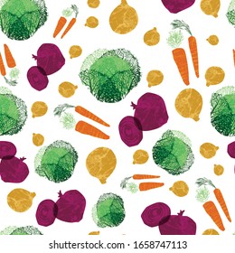 Winter vegetable pattern with textured effects. Seamless repeat vector background design print.