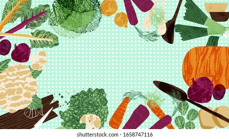 Winter vegetable web background on checked backdrop. Textured veggies vector illustration.