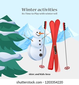 Winter Veils Activities skis and snow man behind tree in front of mountain