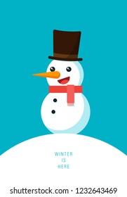 Winter vibe concept, Christmas and new year poster background with smiling snowman wearing hat on top of white snow mountain view, vector illustration