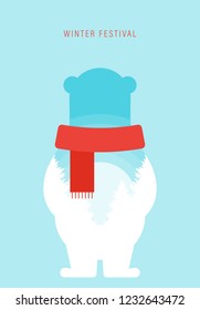 Winter vibe concept, Christmas and new year poster background with white snow mountain view and double exposure of polar bear flat design, vector illustration