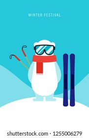 Winter vibe concept, Christmas and new year poster background with polar bear and ski equipment standing on top of white snow mountain flat design, vector illustration