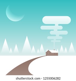 Winter vibe concept, Christmas and new year scenery background with cabin located on white snow mountain view, vector illustration