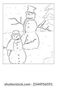 Vector de libro para colorear Winter Vibes: contorno negro sobre blanco, con un muñeco de nieve y pinos. Perfecto para adultos o niños, este diseño imprimible trae la diversión acogedora del invierno a la coloración estacional.