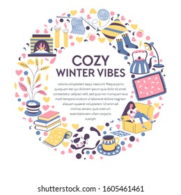 Winter vibes emblems, woman spending time home