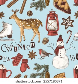 Winter vibes hand drawn seamless pattern