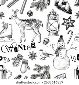 Winter vibes hand drawn seamless pattern