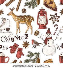 Winter vibes hand drawn seamless pattern