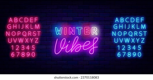 Winter vibes neon label on brick wall. Shiny pink and blue alphabet. Merry Christmas and Happy New Year greeting card. Light invitation flyer. Luminous inscription emblem. Vector stock illustration