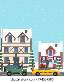 Winter view and buildings, poster with snow falling on roofs and pine tree, people and cars on roads, cityscape isolated on vector illustration
