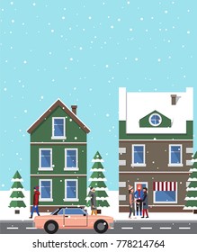 Winter view and buildings, poster with snow falling on roofs and pine tree, people and cars on roads, cityscape isolated on vector illustration