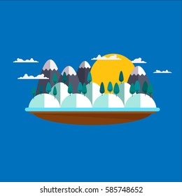Winter view landscape with snow, trees and mountains. Nature design. Vector illustration