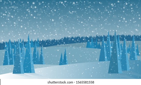 Winter view on forest in snowfall, landscape with white snow on fir trees. Vector illustration EPS 10
