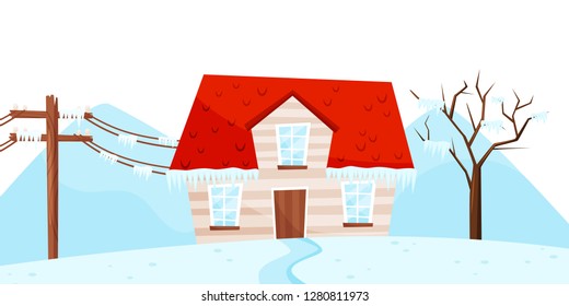 Winter view on small house, tree and electrical power pole. Ice storm. Strong frost. Natural disaster. Flat vector design