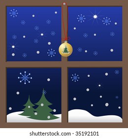 Winterblick vom Fenster aus. Weihnachtsgrafik für Ihr Design.