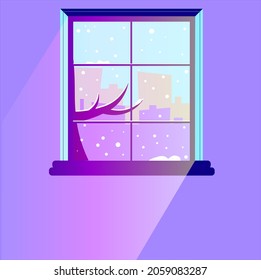 Vista de invierno desde la ventana. Paisaje invernal: ciudad, edificios, copos de nieve, árbol. Vista de la ciudad invernal desde el vector aislado del hogar