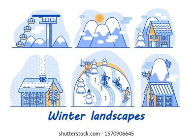 Winter views are divided into six episodes, each of which can be animated. Cable car, mountains, winter houses, snowing, skiing and sledding.