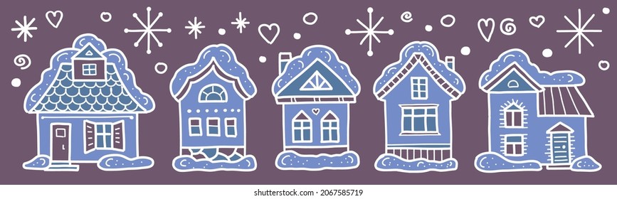 Winter village. Architecture with cute snow-covered houses. Christmas night. Vector clipart