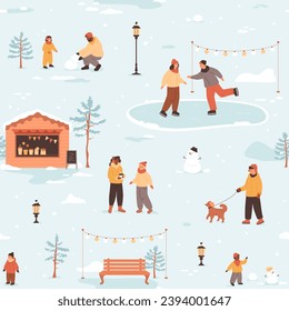 Winter village background. People walking on street, friends skating on ice rink, man walking with dog, children makes snowman, women talking and drinking coffee. Vector illustration, seamless pattern