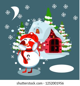 Winter village background with snow covered houses, pine forest and snowman in Santa hat