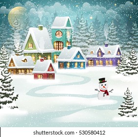 Winter village background with snow covered houses, pine forest and snowman