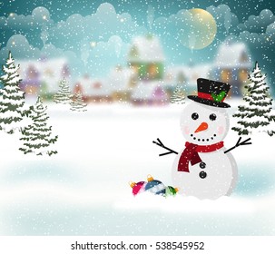 Winter village background with snow-covered houses and snowman in the foreground