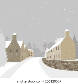 Winter village background, vector illustration