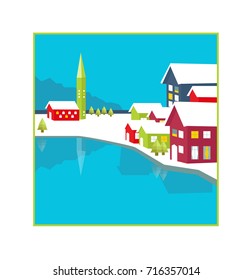 Winter village with bright cabins and window detail and water reflection