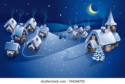 winter village, christmas background, greeting card. Vector