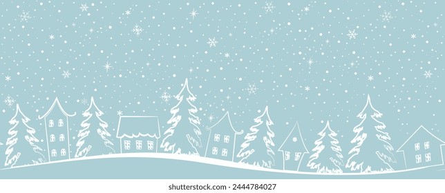 Winter village. Christmas background. Seamless border. Fairy tale winter landscape. White silhouettes of houses, fir trees, snowflakes on blue background. Vector illustration