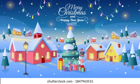 Winter village. Christmas background with christmas tree and houses. Vector cartoon illustration.