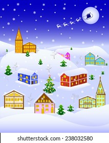 winter village with christmas decoration tree and santa on his sledge on moon background, vector illustration