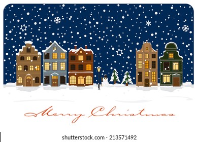 Winter Village Christmas Greetings Vector Illustration. Christmas Greeting Card with snow covered village.