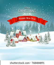 Winter village Christmas Holiday background. Vector.