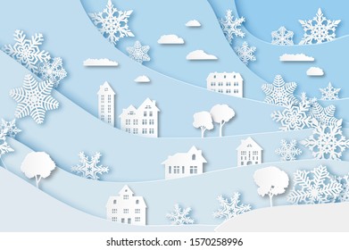 Winter village. Christmas holidays white landscape with house, snowing trees and snowflake vector cut paper building and mountain decoration